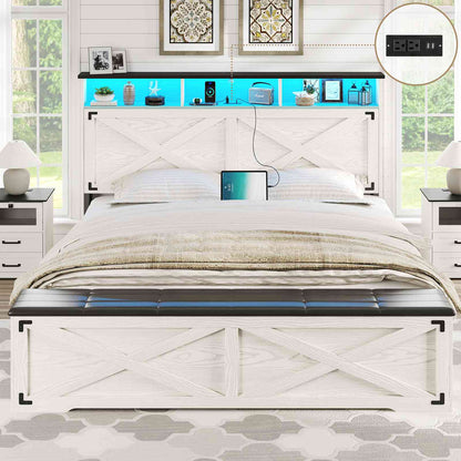 DICTAC | Farmhouse Bed Frame with Storage Headboard, LED Lights & Charging Station, Metal Platform Bed with Storage Ottoman for Kids & Teens, Antique White