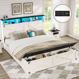 DICTAC | Farmhouse Bed Frame with Storage Headboard, LED Lights & Charging Station, Metal Platform Bed with Storage Ottoman for Kids & Teens, Antique White