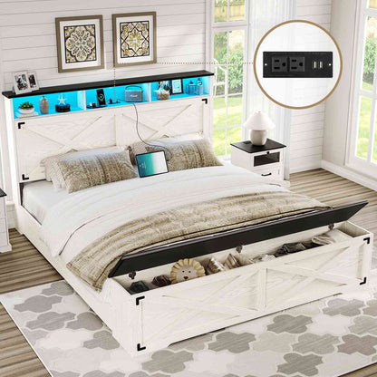 DICTAC | Farmhouse Bed Frame with Storage Headboard, LED Lights & Charging Station, Metal Platform Bed with Storage Ottoman for Kids & Teens, Antique White