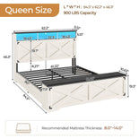DICTAC | Farmhouse Bed Frame with Storage Headboard, LED Lights & Charging Station, Metal Platform Bed with Storage Ottoman for Kids & Teens, Antique White