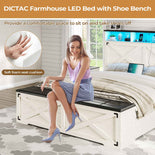 DICTAC | Farmhouse Bed Frame with Storage Headboard, LED Lights & Charging Station, Metal Platform Bed with Storage Ottoman for Kids & Teens, Antique White