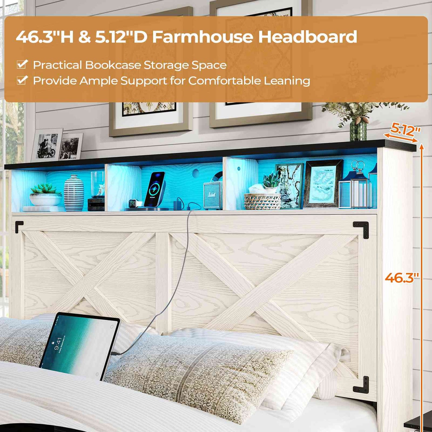 DICTAC | Farmhouse Bed Frame with Storage Headboard, LED Lights & Charging Station, Metal Platform Bed with Storage Ottoman for Kids & Teens, Antique White