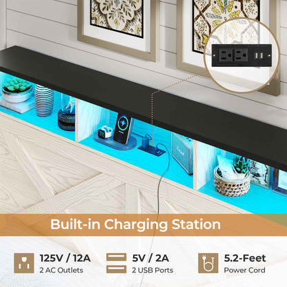 DICTAC | Farmhouse Bed Frame with Storage Headboard, LED Lights & Charging Station, Metal Platform Bed with Storage Ottoman for Kids & Teens, Antique White