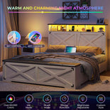 DICTAC | Farmhouse Bed Frame with Storage Headboard, LED Lights & Charging Station, Metal Platform Bed with Storage Ottoman for Kids & Teens, Antique White