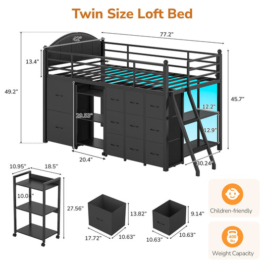 DICTAC | Twin Low Loft Bed with 11 Drawers, Rolling Cart, Bookshelf, Upholstered Headboard & LED Lights - Black
