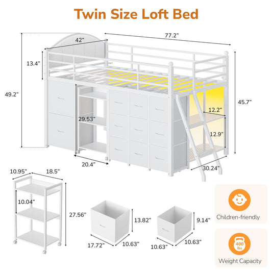 DICTAC | Twin Low Loft Bed with 11 Drawers, Rolling Cart, Bookshelf, Upholstered Headboard & LED Lights - White