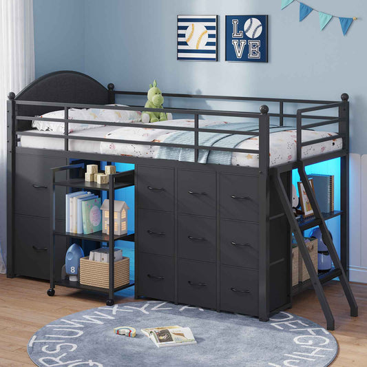 DICTAC | Twin Low Loft Bed with 11 Drawers, Rolling Cart, Bookshelf, Upholstered Headboard & LED Lights - Black