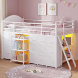 DICTAC | Twin Low Loft Bed with 11 Drawers, Rolling Cart, Bookshelf, Upholstered Headboard & LED Lights - White