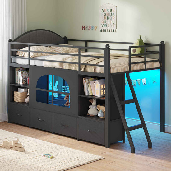 DICTAC | Twin Low Loft Bed with Storage Drawers, Bookshelf & LED Lights - Black
