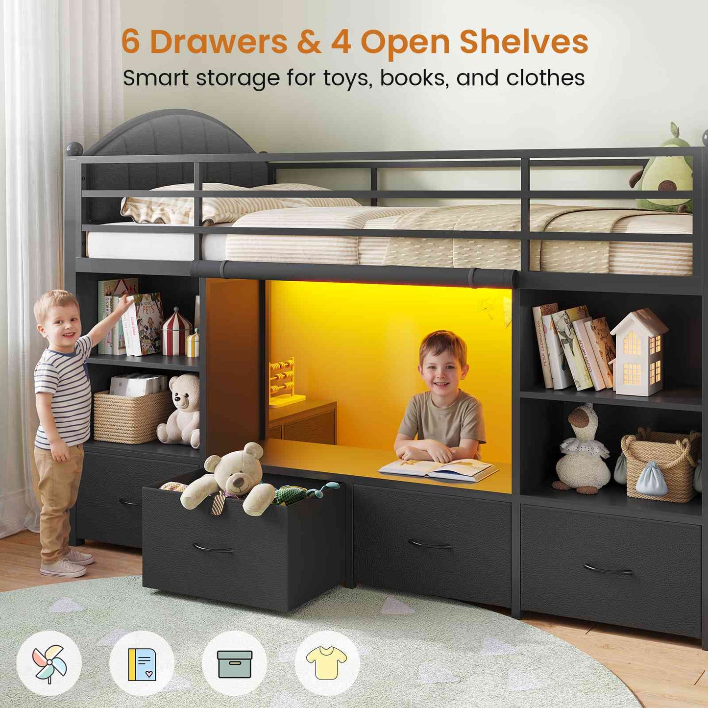 DICTAC | Twin Size Low Loft Bed with Storage Drawers, Bookshelf & LED Lights – Black Metal Kids Loft Bed with Upholstered Headboard, Safety Guardrail & Ladder