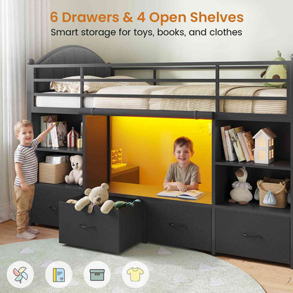 DICTAC | Twin Size Low Loft Bed with Storage Drawers, Bookshelf & LED Lights – Black Metal Kids Loft Bed with Upholstered Headboard, Safety Guardrail & Ladder