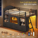 DICTAC | Twin Low Loft Bed with Storage Drawers, Bookshelf & LED Lights - Black