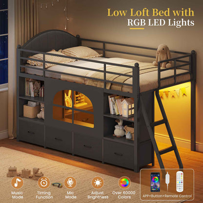 DICTAC | Twin Size Low Loft Bed with Storage Drawers, Bookshelf & LED Lights – Black Metal Kids Loft Bed with Upholstered Headboard, Safety Guardrail & Ladder