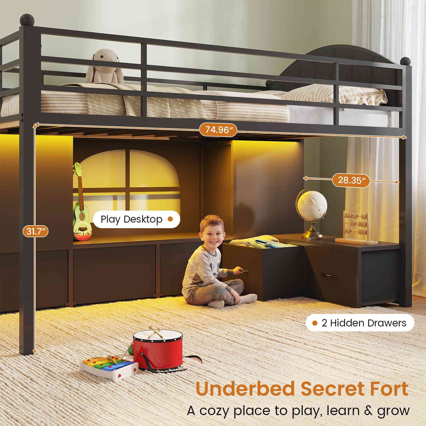 DICTAC | Twin Size Low Loft Bed with Storage Drawers, Bookshelf & LED Lights – Black Metal Kids Loft Bed with Upholstered Headboard, Safety Guardrail & Ladder