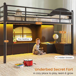 DICTAC | Twin Low Loft Bed with Storage Drawers, Bookshelf & LED Lights - Black
