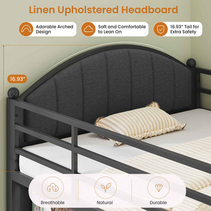 DICTAC | Twin Size Low Loft Bed with Storage Drawers, Bookshelf & LED Lights – Black Metal Kids Loft Bed with Upholstered Headboard, Safety Guardrail & Ladder