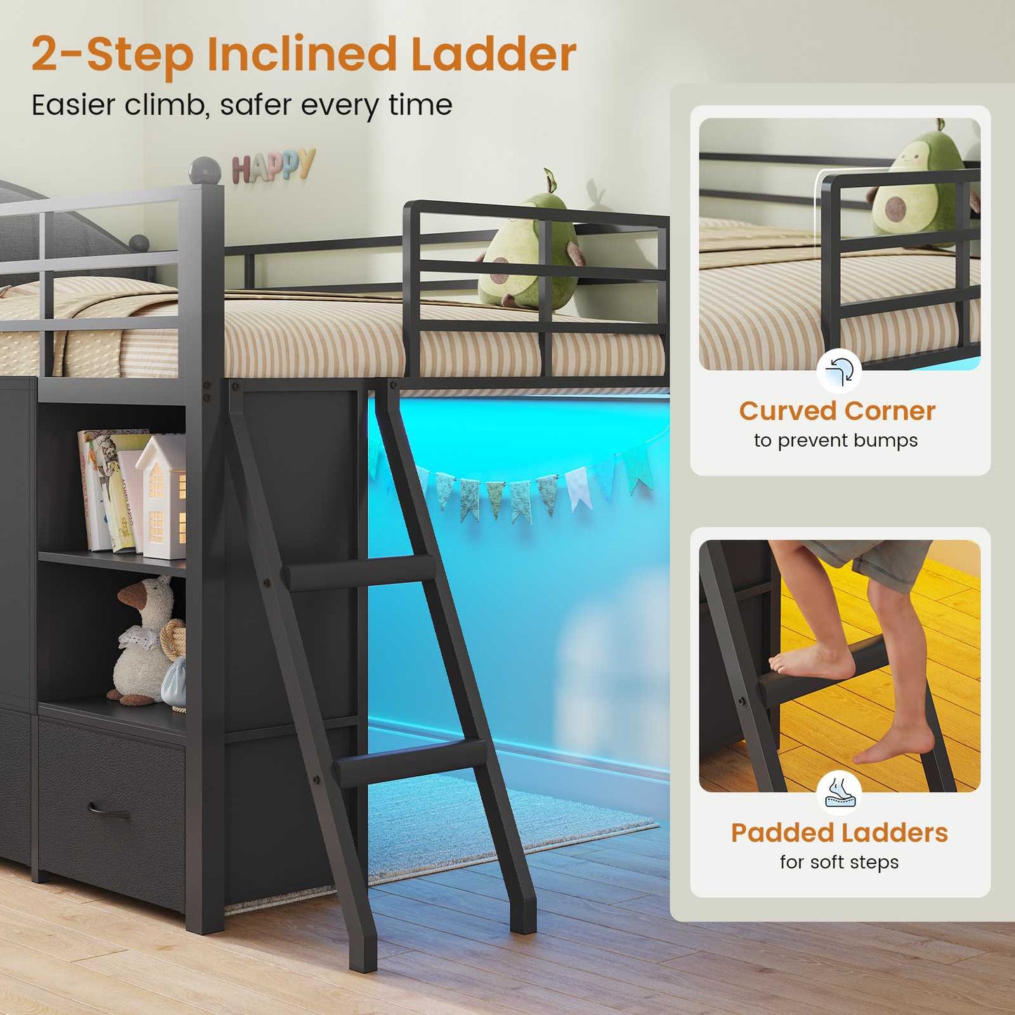 DICTAC | Twin Size Low Loft Bed with Storage Drawers, Bookshelf & LED Lights – Black Metal Kids Loft Bed with Upholstered Headboard, Safety Guardrail & Ladder
