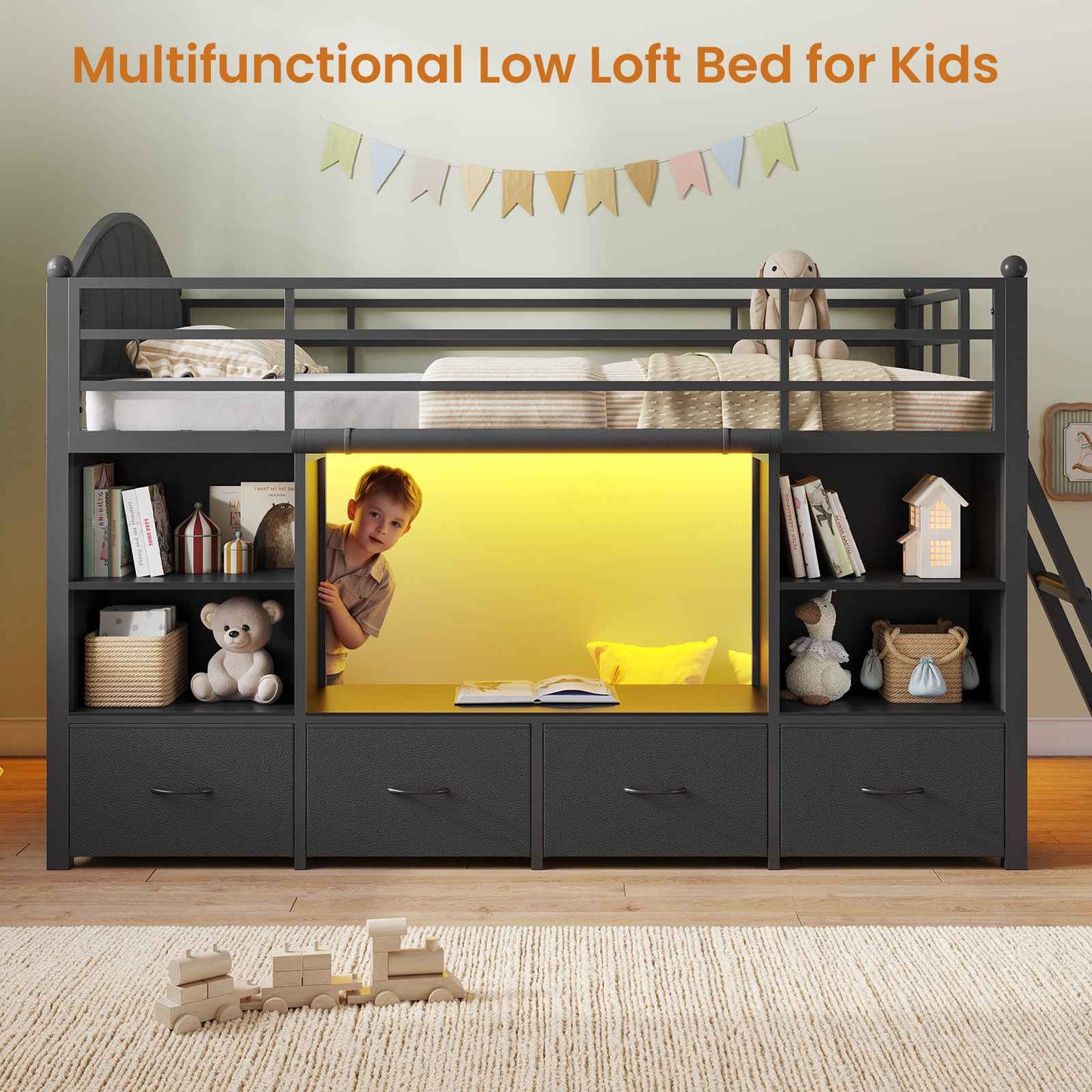 DICTAC | Twin Size Low Loft Bed with Storage Drawers, Bookshelf & LED Lights – Black Metal Kids Loft Bed with Upholstered Headboard, Safety Guardrail & Ladder