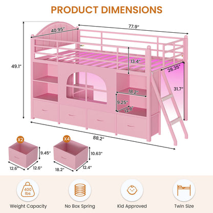 DICTAC | Twin Size Low Loft Bed with Storage Drawers, Bookshelf & LED Lights – Pink Metal Kids Loft Bed with Upholstered Headboard, Safety Guardrail & Ladder
