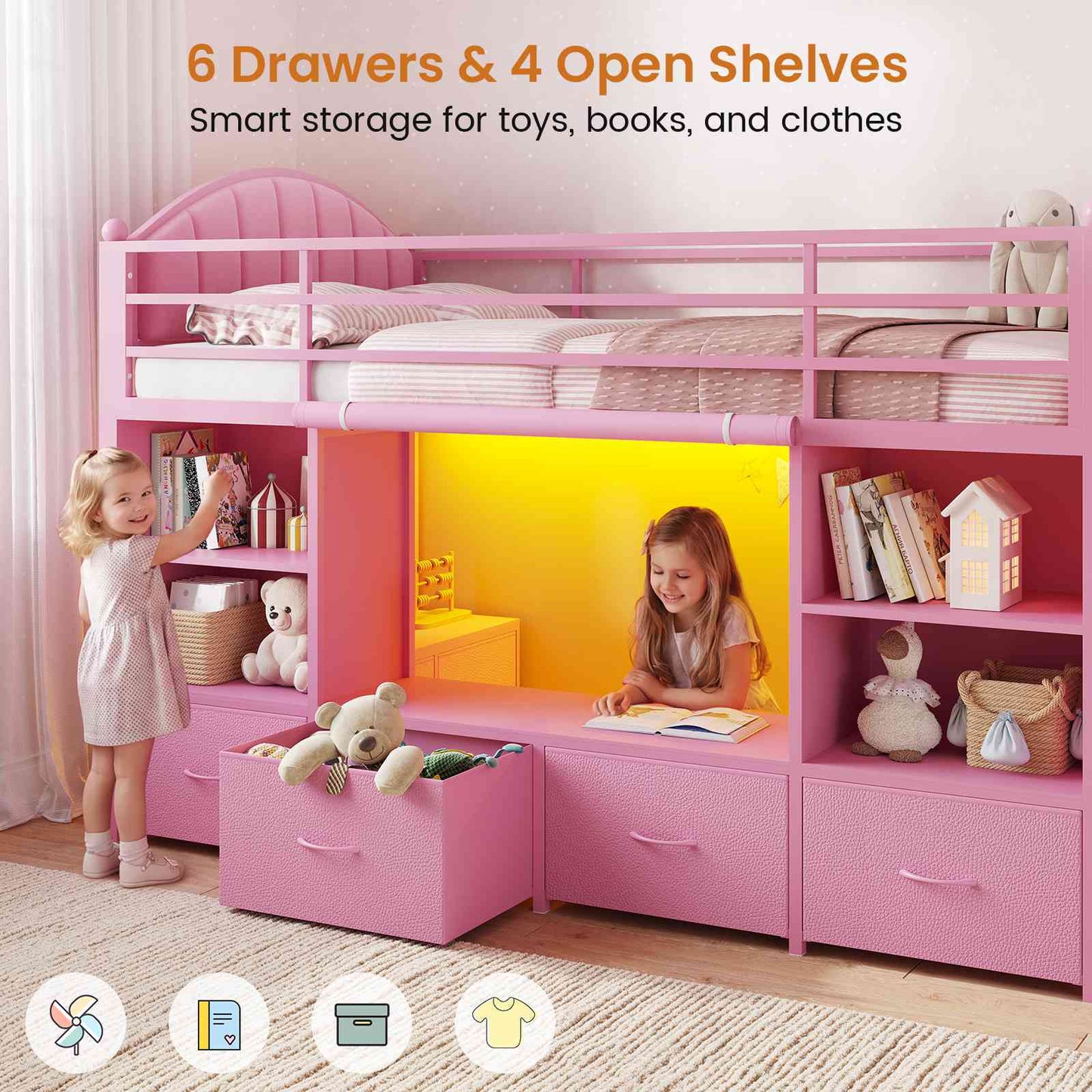 DICTAC | Twin Size Low Loft Bed with Storage Drawers, Bookshelf & LED Lights – Pink Metal Kids Loft Bed with Upholstered Headboard, Safety Guardrail & Ladder