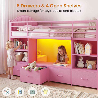 DICTAC | Twin Size Low Loft Bed with Storage Drawers, Bookshelf & LED Lights – Pink Metal Kids Loft Bed with Upholstered Headboard, Safety Guardrail & Ladder
