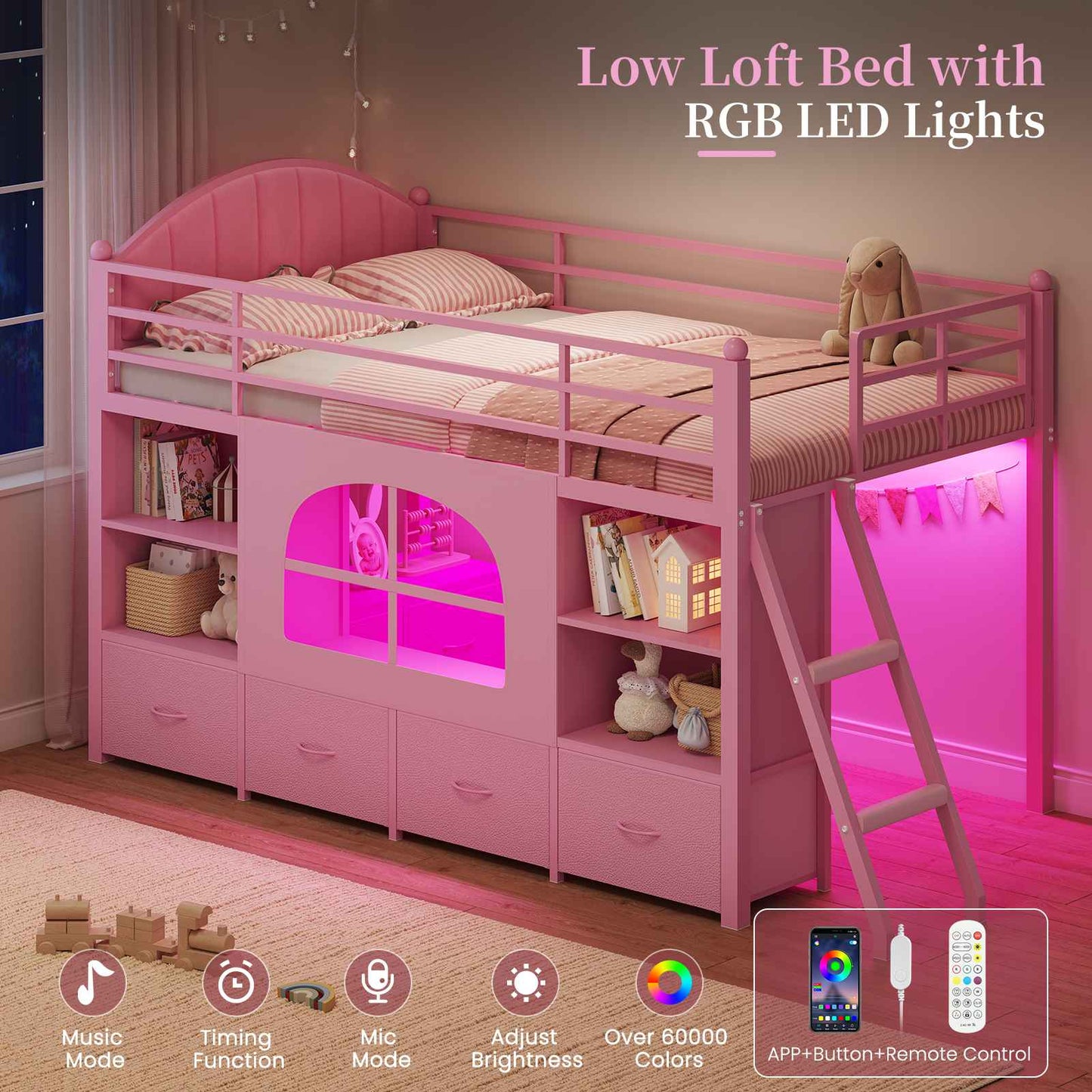 DICTAC | Twin Size Low Loft Bed with Storage Drawers, Bookshelf & LED Lights – Pink Metal Kids Loft Bed with Upholstered Headboard, Safety Guardrail & Ladder