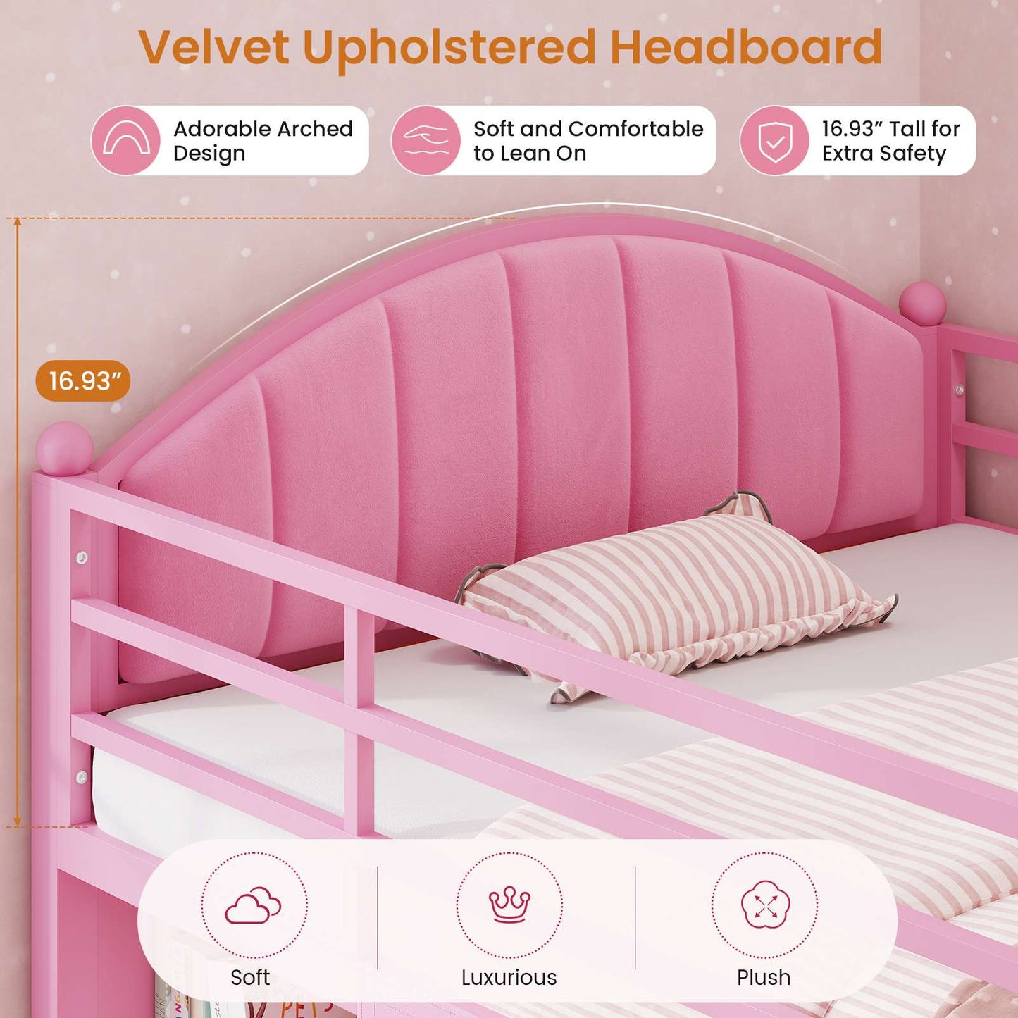 DICTAC | Twin Size Low Loft Bed with Storage Drawers, Bookshelf & LED Lights – Pink Metal Kids Loft Bed with Upholstered Headboard, Safety Guardrail & Ladder