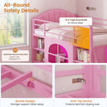 DICTAC | Twin Low Loft Bed with Storage Drawers, Bookshelf & LED Lights - Pink