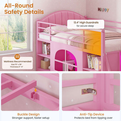 DICTAC | Twin Size Low Loft Bed with Storage Drawers, Bookshelf & LED Lights – Pink Metal Kids Loft Bed with Upholstered Headboard, Safety Guardrail & Ladder