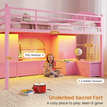 DICTAC | Twin Low Loft Bed with Storage Drawers, Bookshelf & LED Lights - Pink