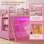 DICTAC | Twin Low Loft Bed with Storage Drawers, Bookshelf & LED Lights - Pink