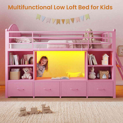 DICTAC | Twin Size Low Loft Bed with Storage Drawers, Bookshelf & LED Lights – Pink Metal Kids Loft Bed with Upholstered Headboard, Safety Guardrail & Ladder