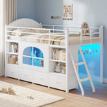 DICTAC | Twin Low Loft Bed with Storage Drawers, Bookshelf & LED Lights - White
