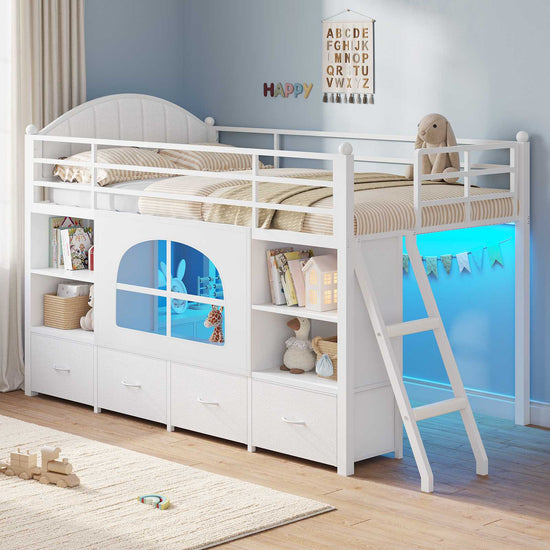 DICTAC | Twin Low Loft Bed with Storage Drawers, Bookshelf & LED Lights - White