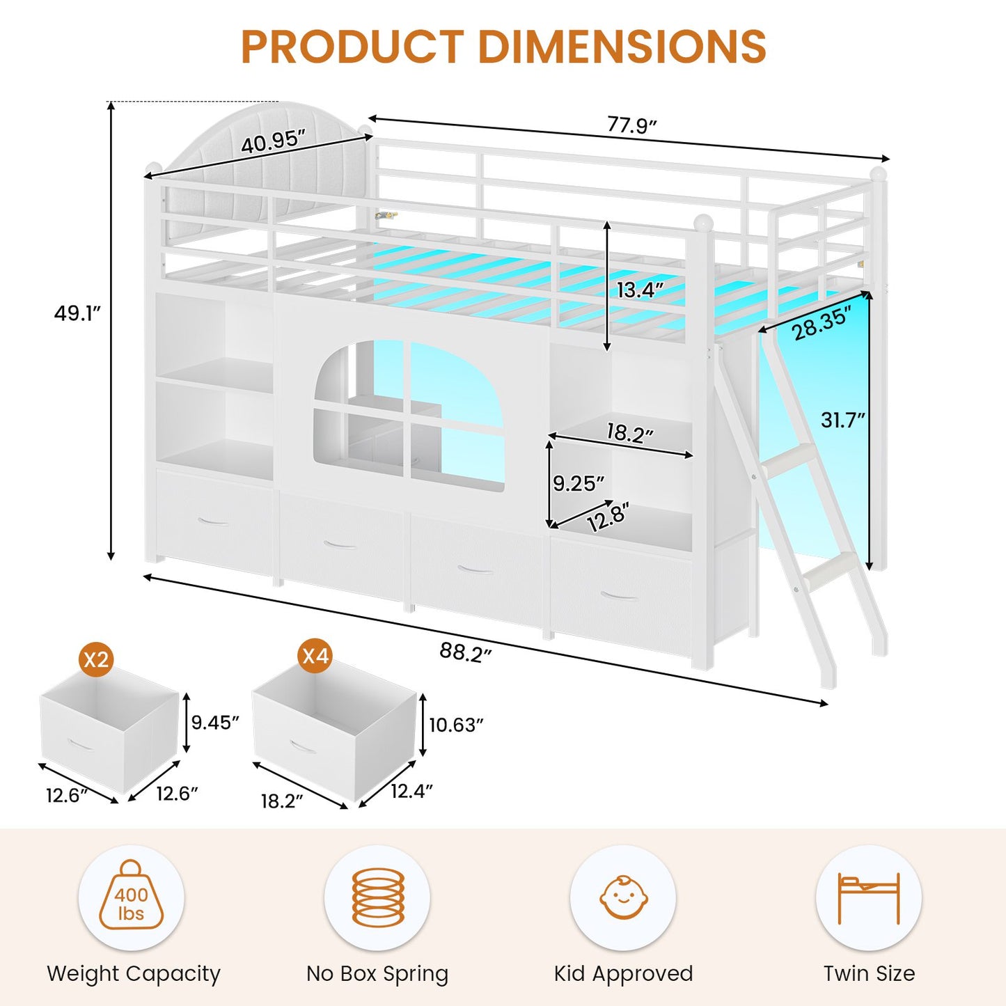 DICTAC | Twin Size Low Loft Bed with Storage Drawers, Bookshelf & LED Lights – White Metal Kids Loft Bed with Upholstered Headboard, Safety Guardrail & Ladder