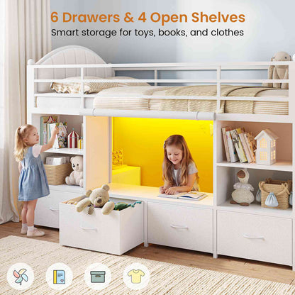 DICTAC | Twin Size Low Loft Bed with Storage Drawers, Bookshelf & LED Lights – White Metal Kids Loft Bed with Upholstered Headboard, Safety Guardrail & Ladder