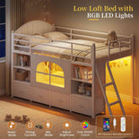 DICTAC | Twin Low Loft Bed with Storage Drawers, Bookshelf & LED Lights - White