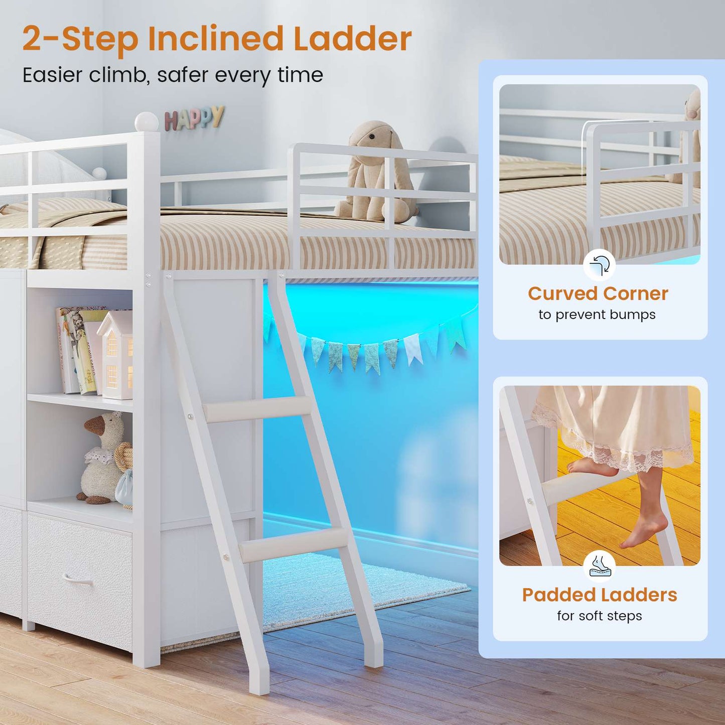 DICTAC | Twin Size Low Loft Bed with Storage Drawers, Bookshelf & LED Lights – White Metal Kids Loft Bed with Upholstered Headboard, Safety Guardrail & Ladder