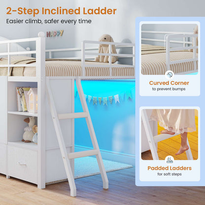 DICTAC | Twin Size Low Loft Bed with Storage Drawers, Bookshelf & LED Lights – White Metal Kids Loft Bed with Upholstered Headboard, Safety Guardrail & Ladder