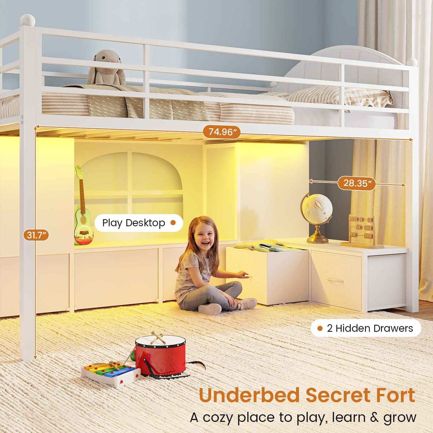 DICTAC | Twin Size Low Loft Bed with Storage Drawers, Bookshelf & LED Lights – White Metal Kids Loft Bed with Upholstered Headboard, Safety Guardrail & Ladder