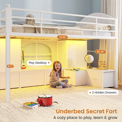 DICTAC | Twin Size Low Loft Bed with Storage Drawers, Bookshelf & LED Lights – White Metal Kids Loft Bed with Upholstered Headboard, Safety Guardrail & Ladder