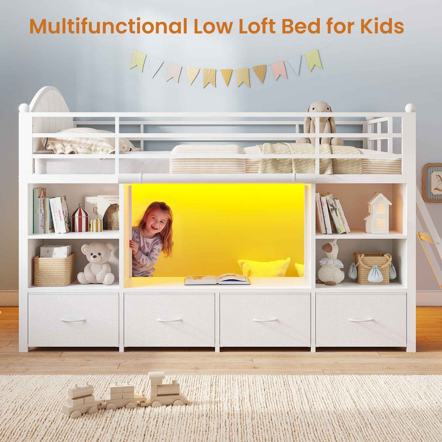 DICTAC | Twin Size Low Loft Bed with Storage Drawers, Bookshelf & LED Lights – White Metal Kids Loft Bed with Upholstered Headboard, Safety Guardrail & Ladder