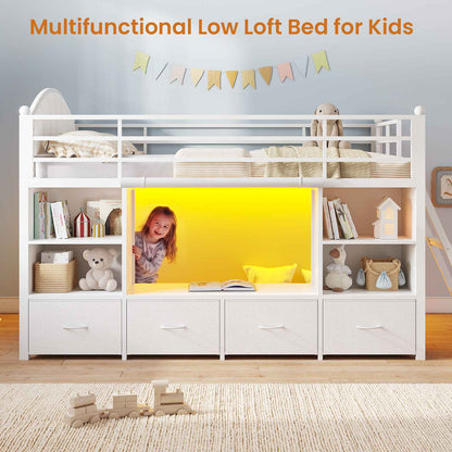 DICTAC | Twin Size Low Loft Bed with Storage Drawers, Bookshelf & LED Lights – White Metal Kids Loft Bed with Upholstered Headboard, Safety Guardrail & Ladder