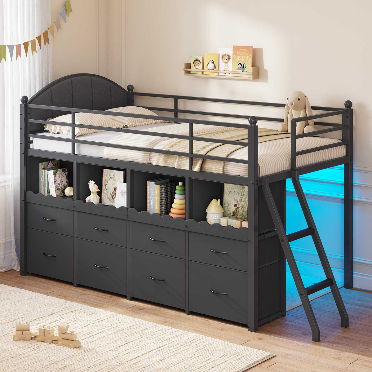 DICTAC | Twin Low Loft Bed with 8 Storage Drawers, 4 Bookshelves, LED Lights & Play Space for Kids