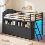 DICTAC | Twin Low Loft Bed with 8 Storage Drawers, 4 Bookshelves, LED Lights & Play Space for Kids