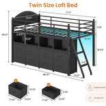 DICTAC | Twin Low Loft Bed with 8 Storage Drawers, 4 Bookshelves, LED Lights & Play Space for Kids