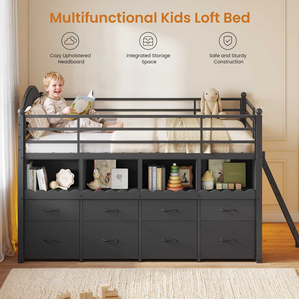 DICTAC | Twin Low Loft Bed with 8 Storage Drawers, 4 Bookshelves, LED Lights & Play Space for Kids