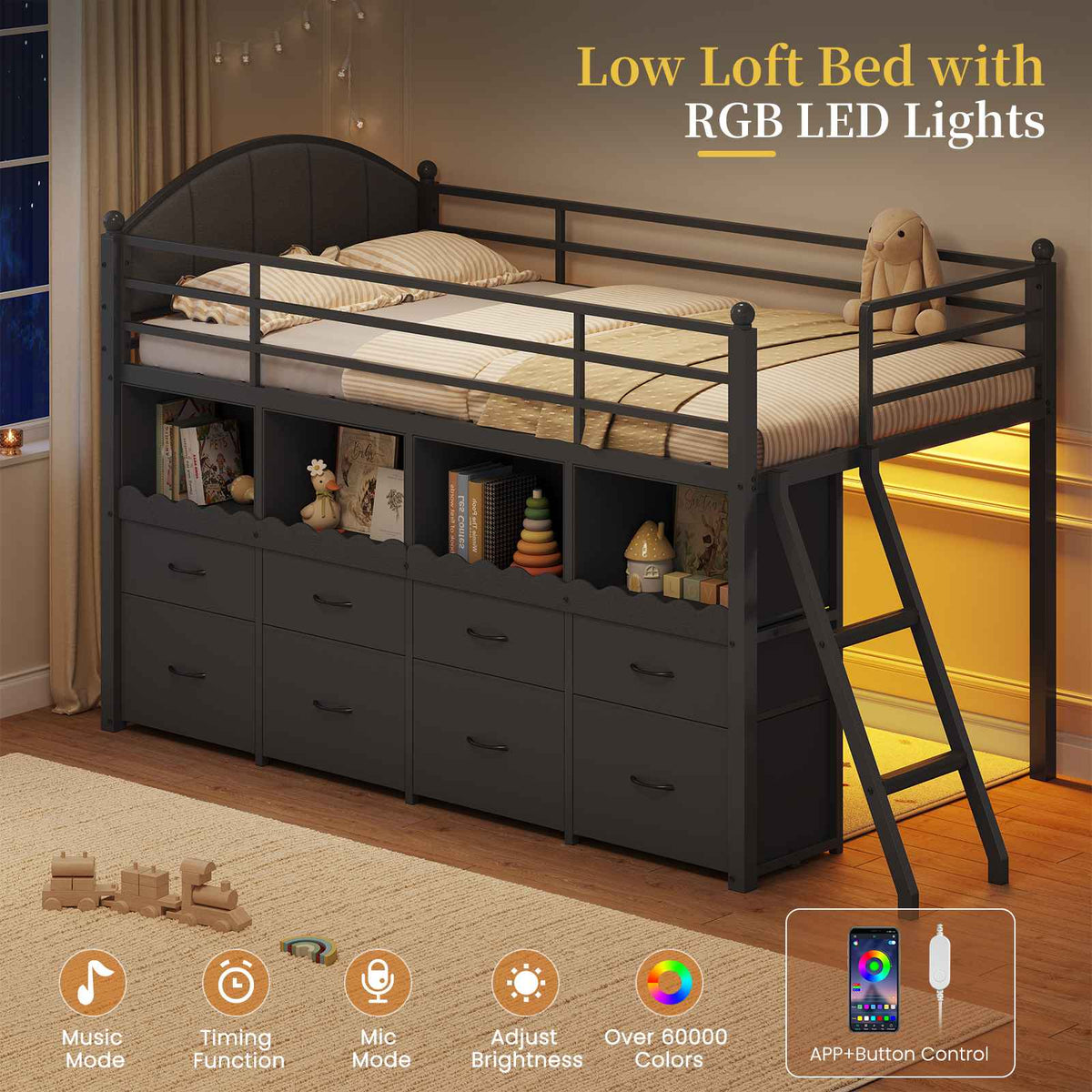 DICTAC | Twin Low Loft Bed with 8 Storage Drawers, 4 Bookshelves, LED Lights & Play Space for Kids