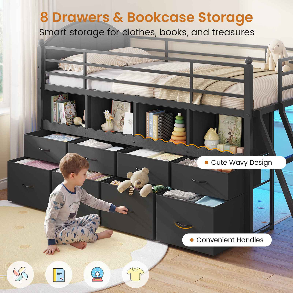 DICTAC | Twin Low Loft Bed with 8 Storage Drawers, 4 Bookshelves, LED Lights & Play Space for Kids