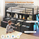 DICTAC | Twin Low Loft Bed with 8 Storage Drawers, 4 Bookshelves, LED Lights & Play Space for Kids